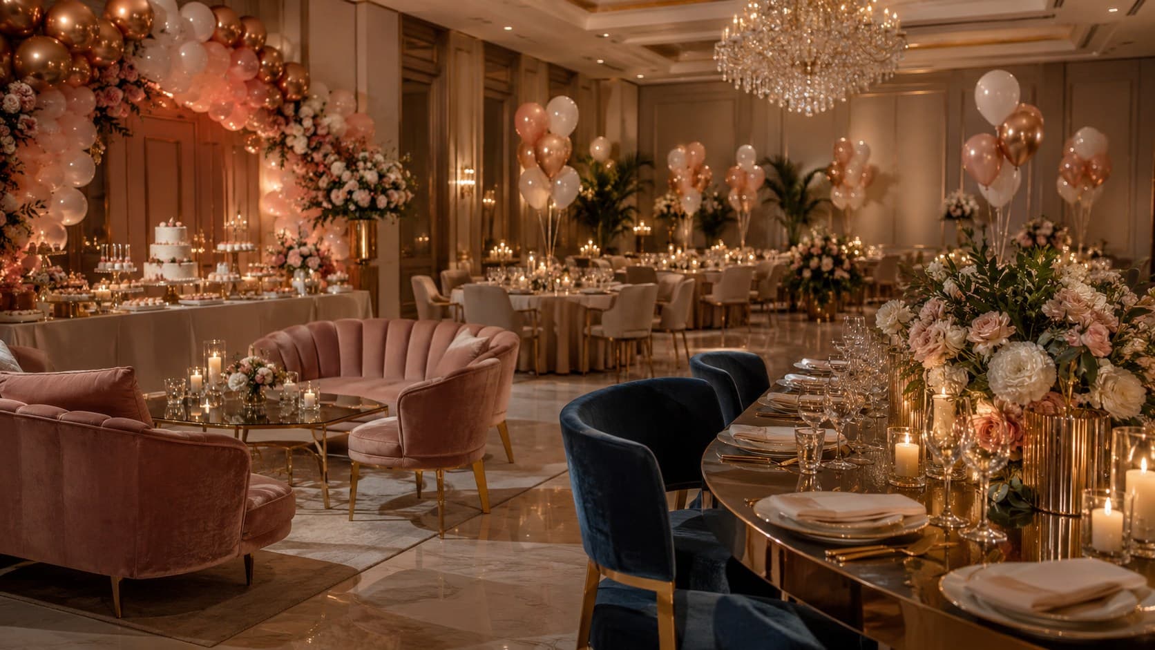 Montaje de salón elegante de Leylou con lounge, mesa servida y decoración floral
